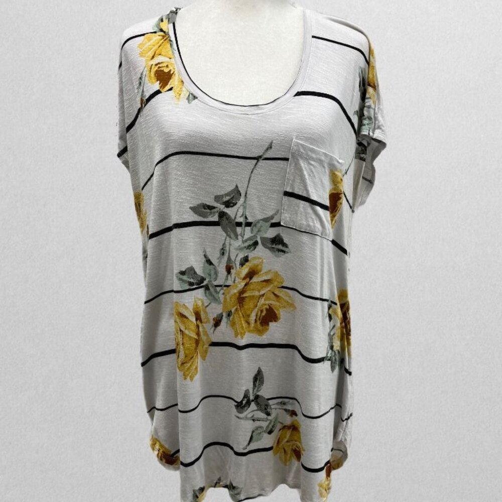 Maurices White/Black Striped Blouse with Yellow Roses